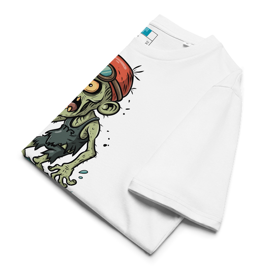 Cartoon zombie swimmer in red cap and blue goggles emerging from water, printed on folded white organic cotton Halloween swim shirt by Lane Line Threads