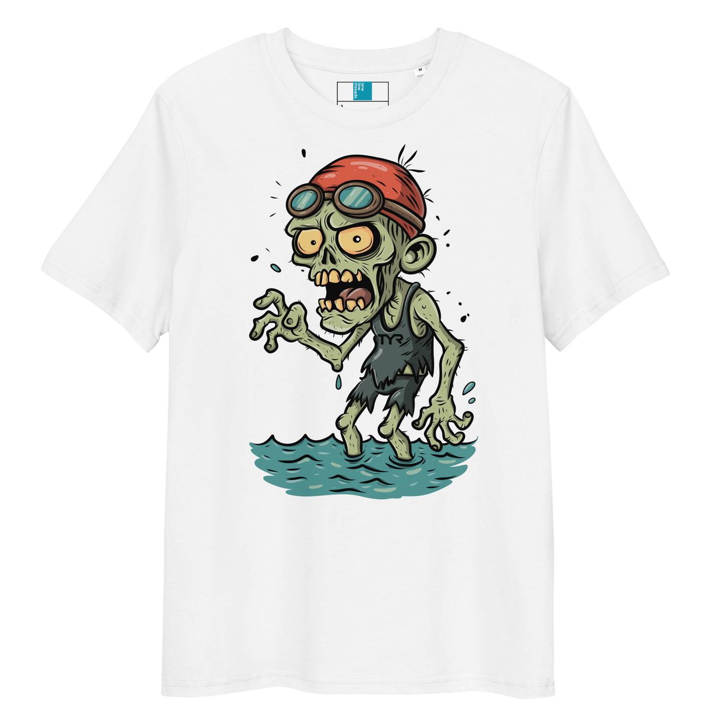 Cartoon zombie swimmer in red cap and blue goggles emerging from water, printed on white organic cotton Halloween swim shirt by Lane Line Threads