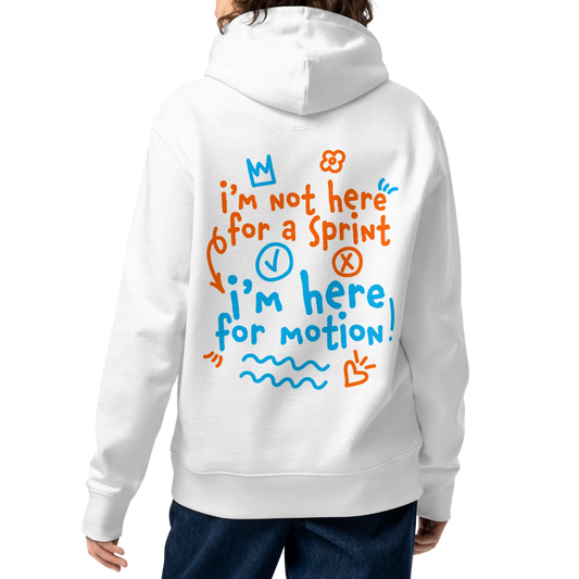 A woman shown from the back wearing an organic hoodie in beige by Lane Line Threads with “I’m not here for a sprint I’m here for motion!” swim graphic in blue and orange for recreational swimmers