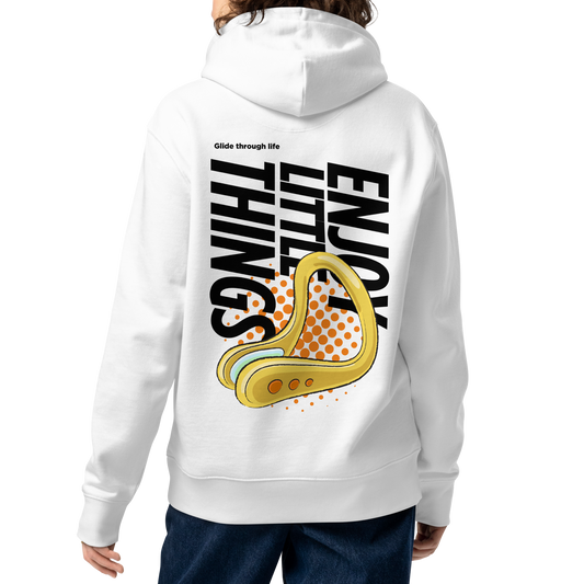 A female person shown from the back wearing an organic hoodie in white with yellow swim nose clip graphic and bold black text on the back, made from GOTS and OCS certified organic cotton