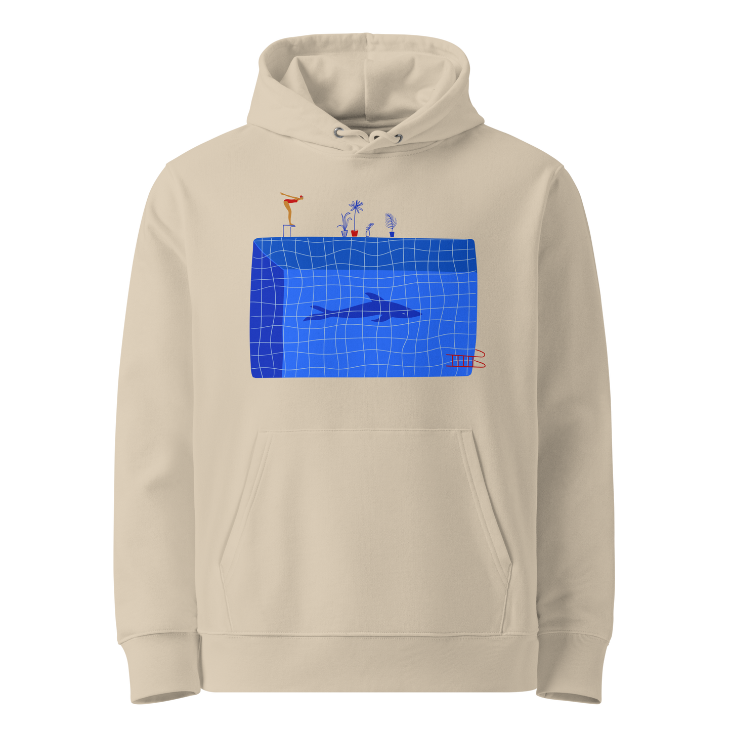 organic hoodie in beige by Lane Line Threads featuring a graphic of a diver, potted plants, and a shark silhouette in a blue pool.