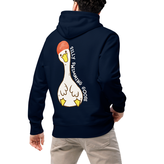 A man shown from the back wearing an organic hoodie in navy by Lane Line Threads with a Silly Swimming Goose graphic on the back, made from GOTS and OCS certified organic cotton.