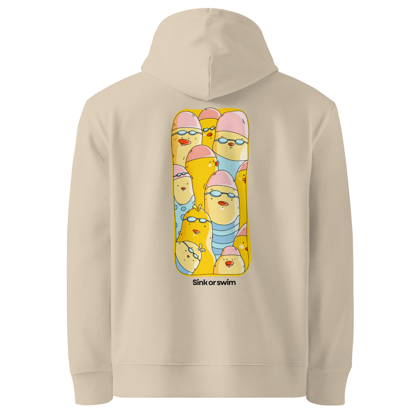A beige organic hoodie by Lane Line Threads shown from the back, featuring a large graphic print of cartoon yellow swim chicks wearing pink caps and blue swim trunks, with the text 'Sink or swim' printed below the graphic.