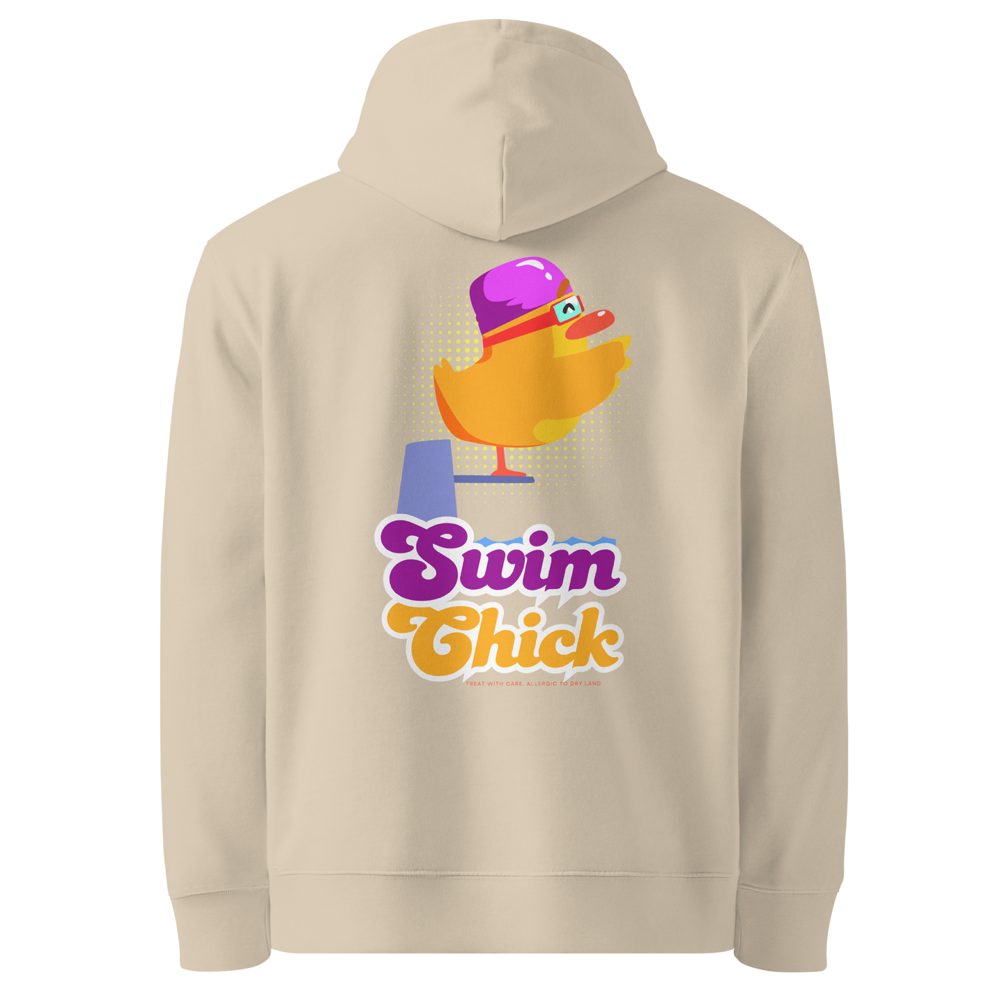 organic hoodie in beige with colorful Swim Chick duck swimmer graphic on the back, made from GOTS and OCS certified organic cotton