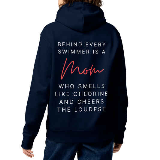 A person shown from the back wearing an organic hoodie navy Lane Line Threads sweatshirt with quote about swim moms cheering the loudest on the back, paired with dark blue jeans against a plain white background.