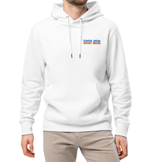 Man wearing a white organic hoodie designed for post-swim skin health and GOTS certified comfort by Lane Line Threads and beige pants on a white background