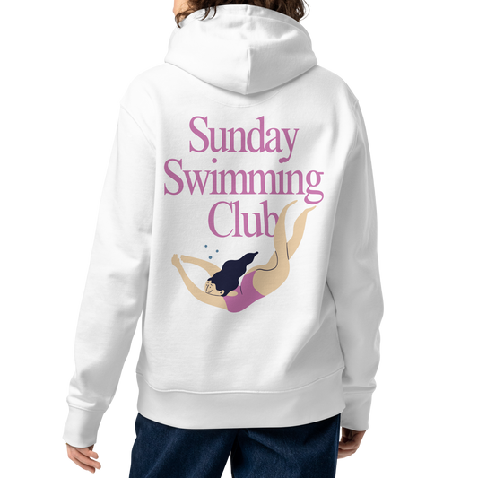 A person shown from the back wearing an organic hoodie white women's Lane Line Threads sweatshirt with Sunday Swimming Club text and illustration of female swimmer on the back