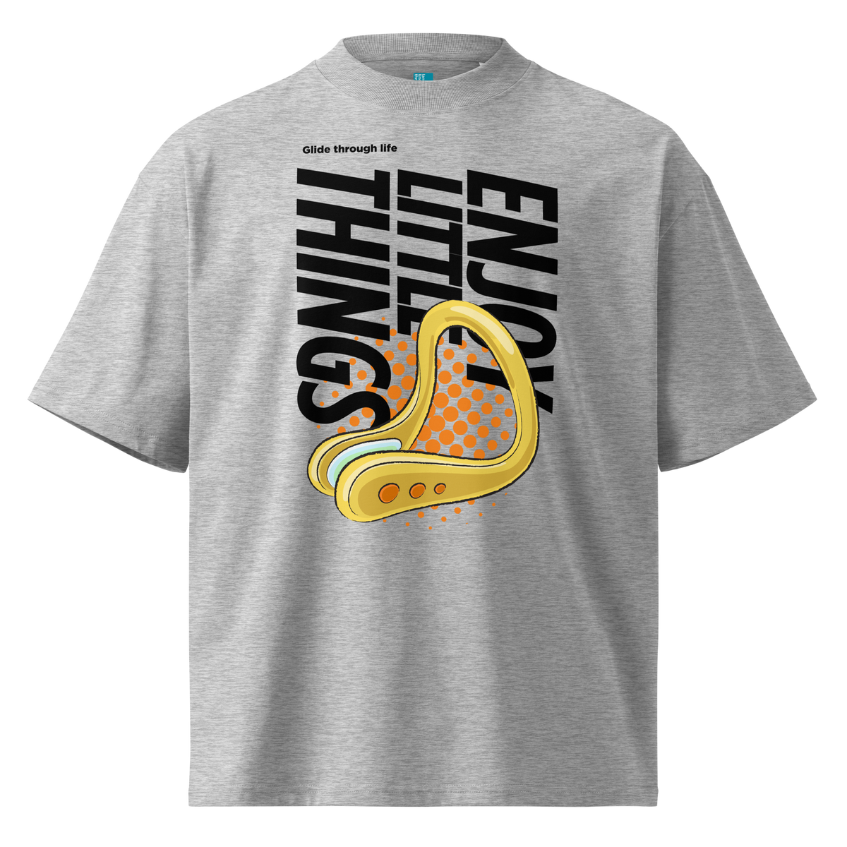 A grey short-sleeve crewneck organic oversized t-shirt by Lane Line Threads featuring a bold graphic print on the front. The design includes the text 'Enjoy Little Things' in black, a gold-colored swimming nose clip illustration, and a halftone pattern in orange.