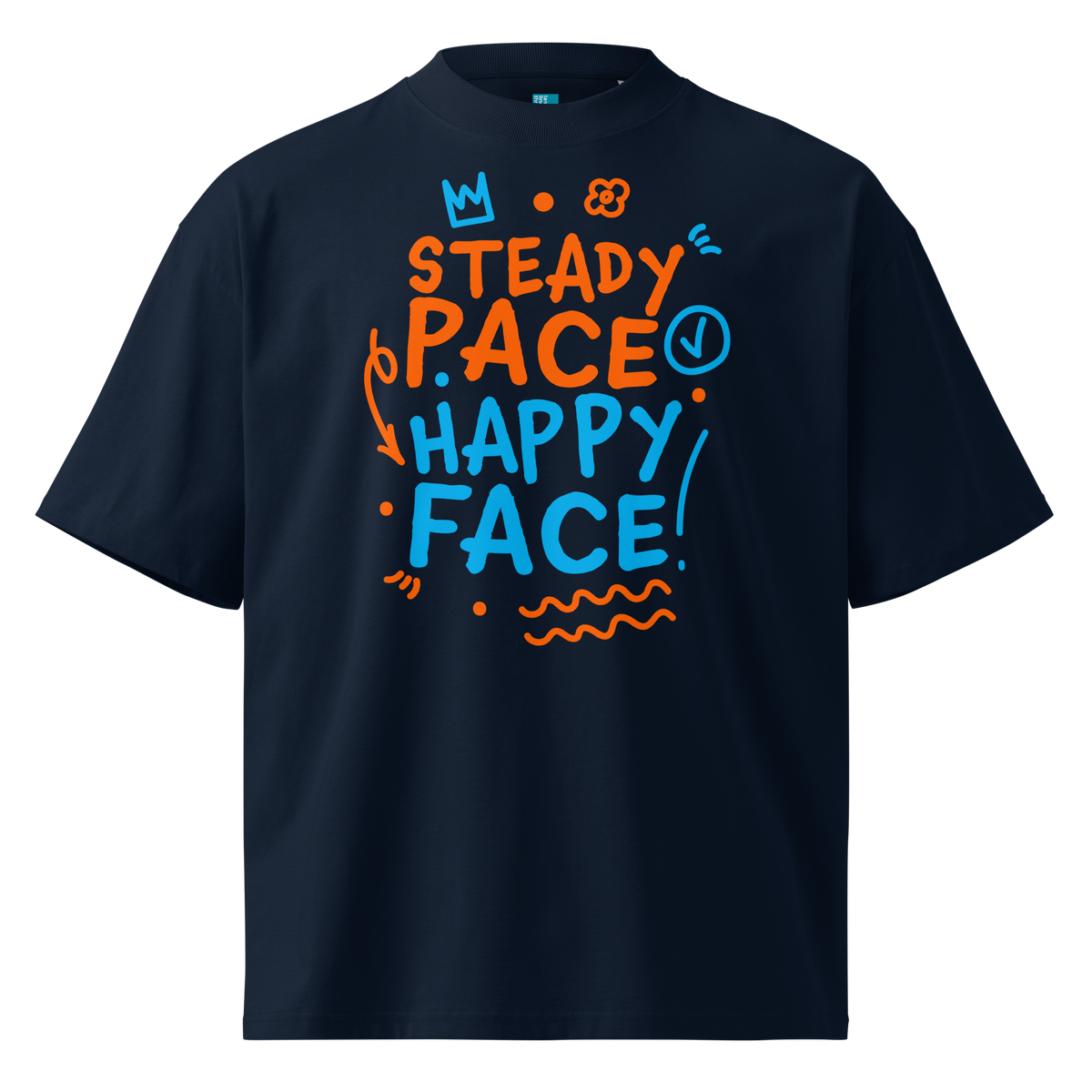A navy short-sleeve crewneck organic oversized t-shirt by Lane Line Threads featuring a colorful graphic print on the front with the words 'STEADY PACE HAPPY FACE' in orange and blue hand-drawn lettering.