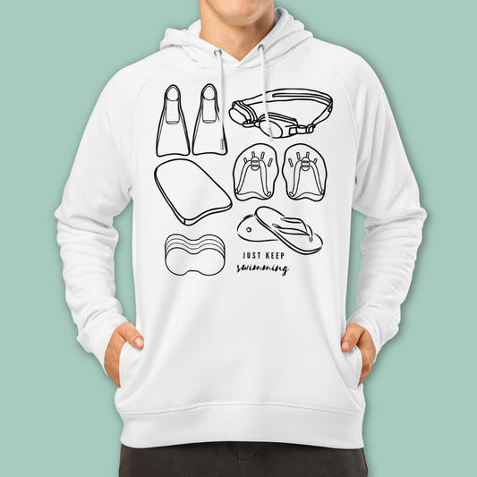 White post swim organic hoodie with black swim gear illustrations and text "just keep swimming" on a light green background