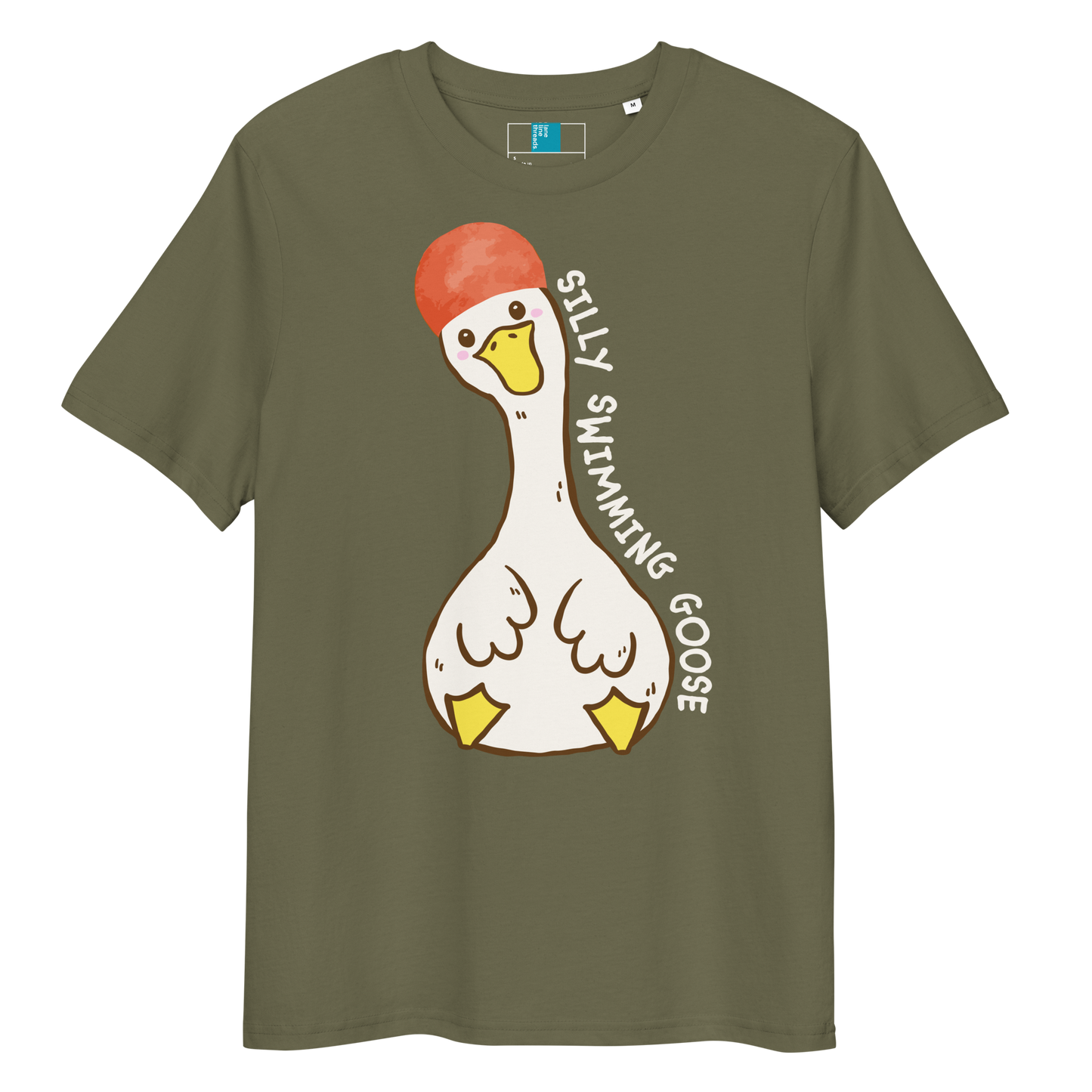 Khaki post swim organic cotton t-shirt with a swim-themed cartoon goose design and 'silly swimming goose' text on a white background
