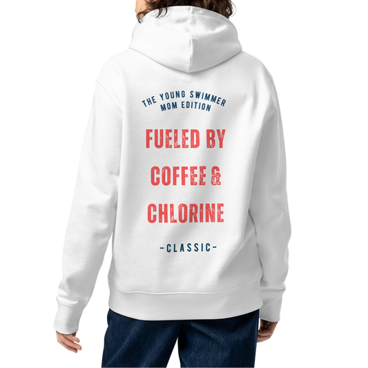 Person wearing a white organic hoodie with red distressed varsity-style graphic on the back reading "Fueled by Coffee & Chlorine — The Young Swimmer Mom Edition Classic" — swim mom sweatshirt by Lane Line Threads.