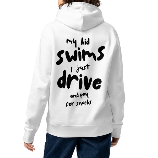 Person wearing a white swim mom organic hoodie with text on the back, standing against a white background