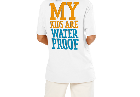 Person wearing a white organic swim mom shirt with 'MY KIDS ARE WATERPROOF' text on the back.