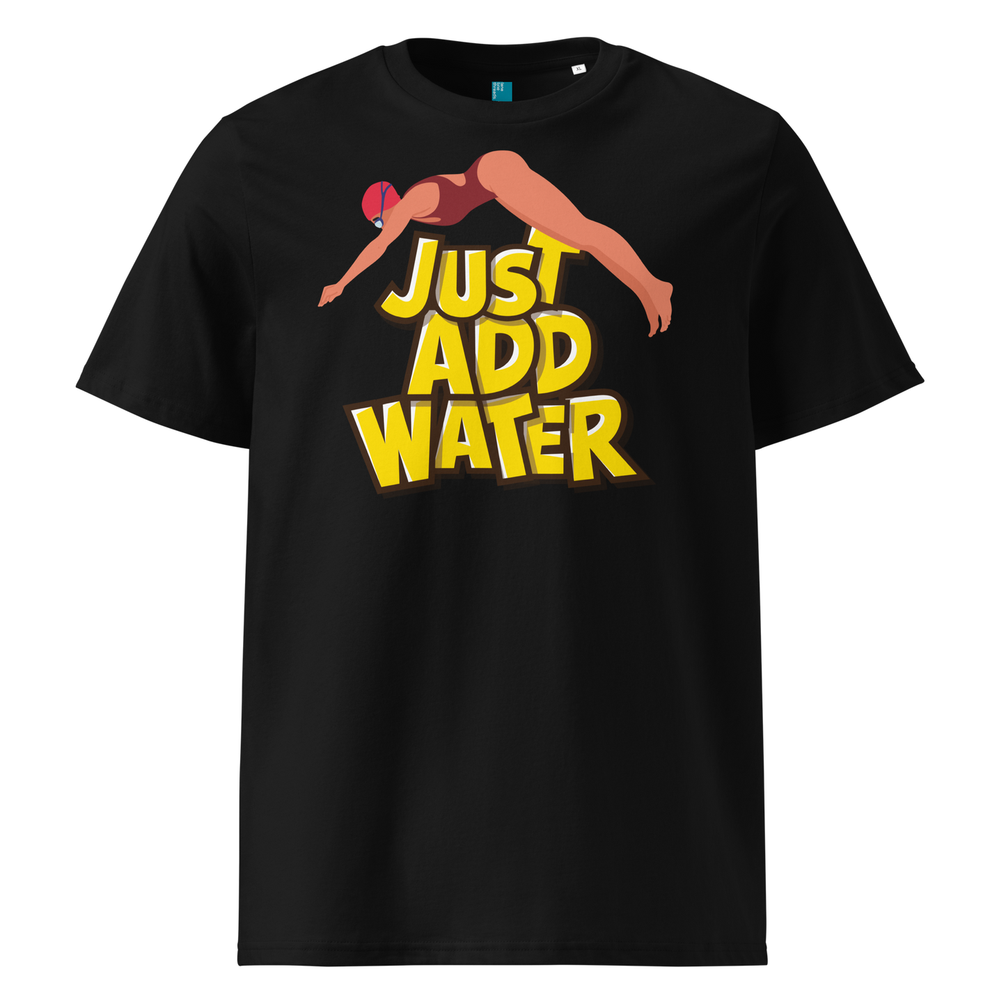 Black organic swim shirt with “JUST ADD WATER” text and vintage dive graphic, made from 100% biodegradable cotton for eco-conscious swimmers.