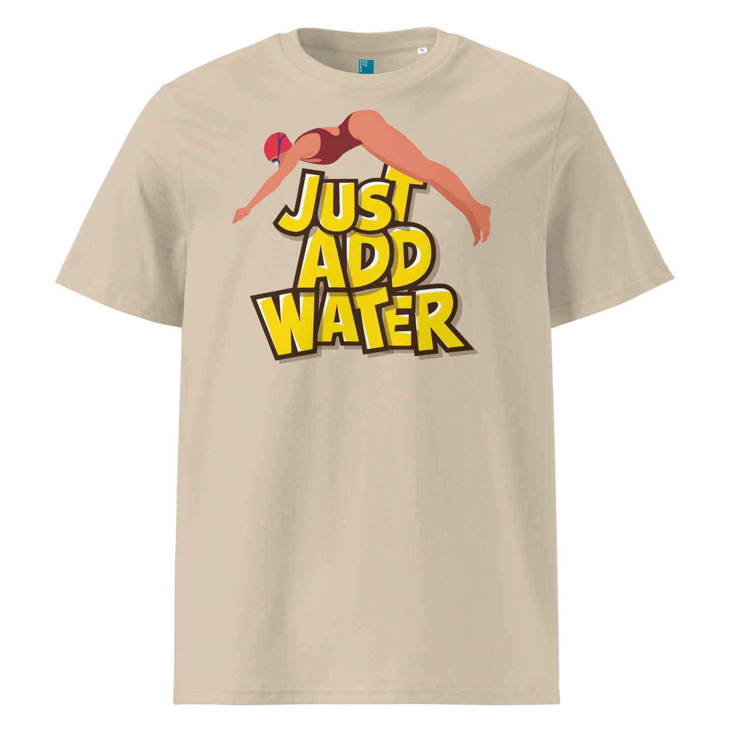 Beige organic swim shirt with “JUST ADD WATER” text and vintage dive graphic, made from 100% biodegradable cotton for eco-conscious swimmers.