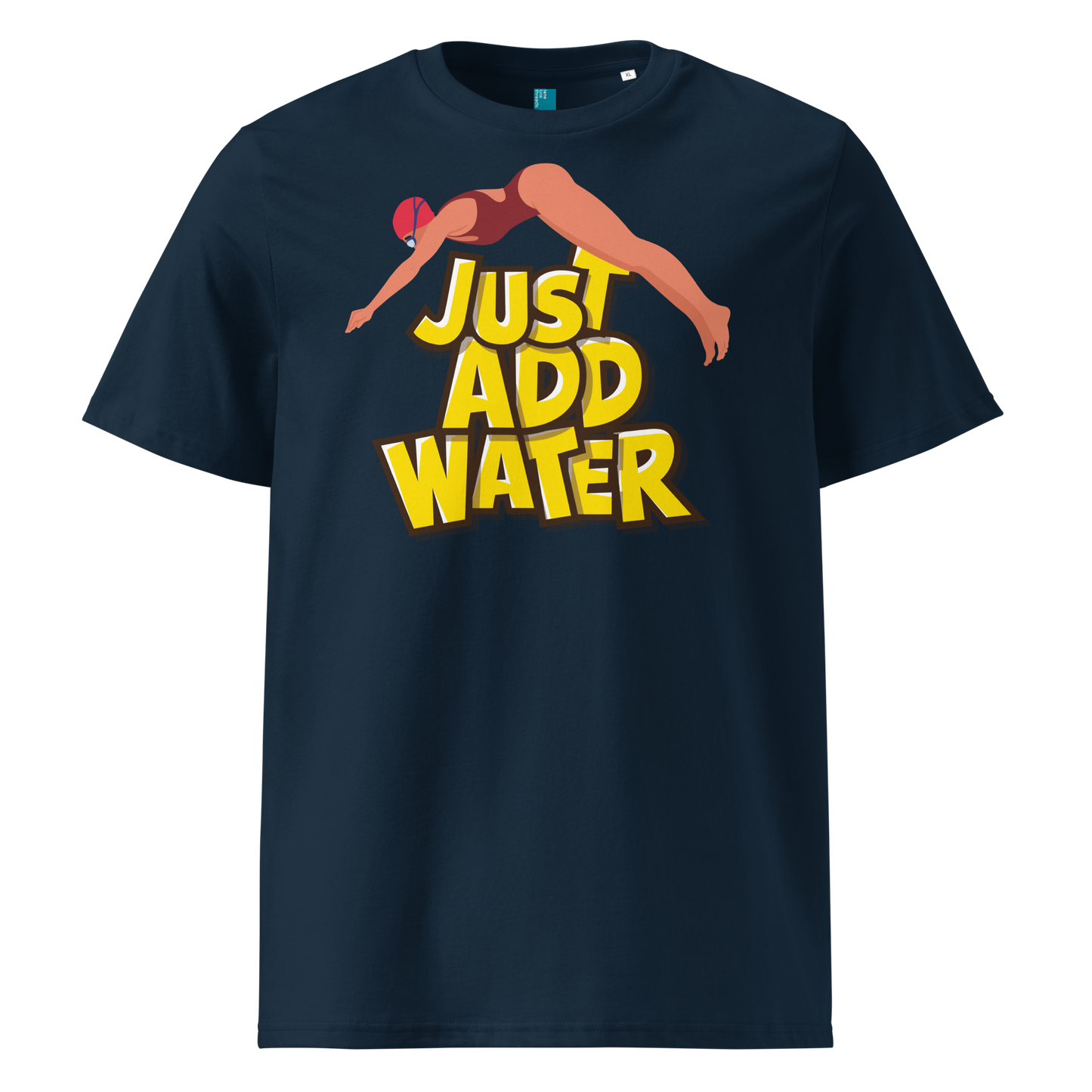 Navy organic swim shirt with “JUST ADD WATER” text and vintage dive graphic, made from 100% biodegradable cotton for eco-conscious swimmers.