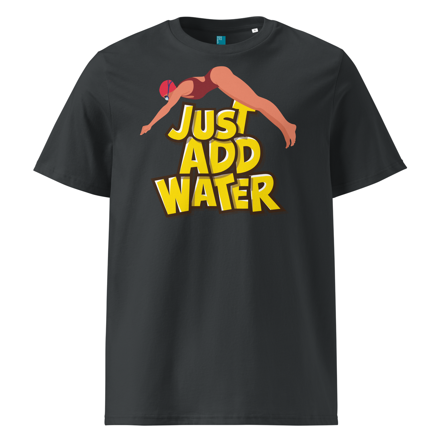 Grey organic swim shirt with “JUST ADD WATER” text and vintage dive graphic, made from 100% biodegradable cotton for eco-conscious swimmers.