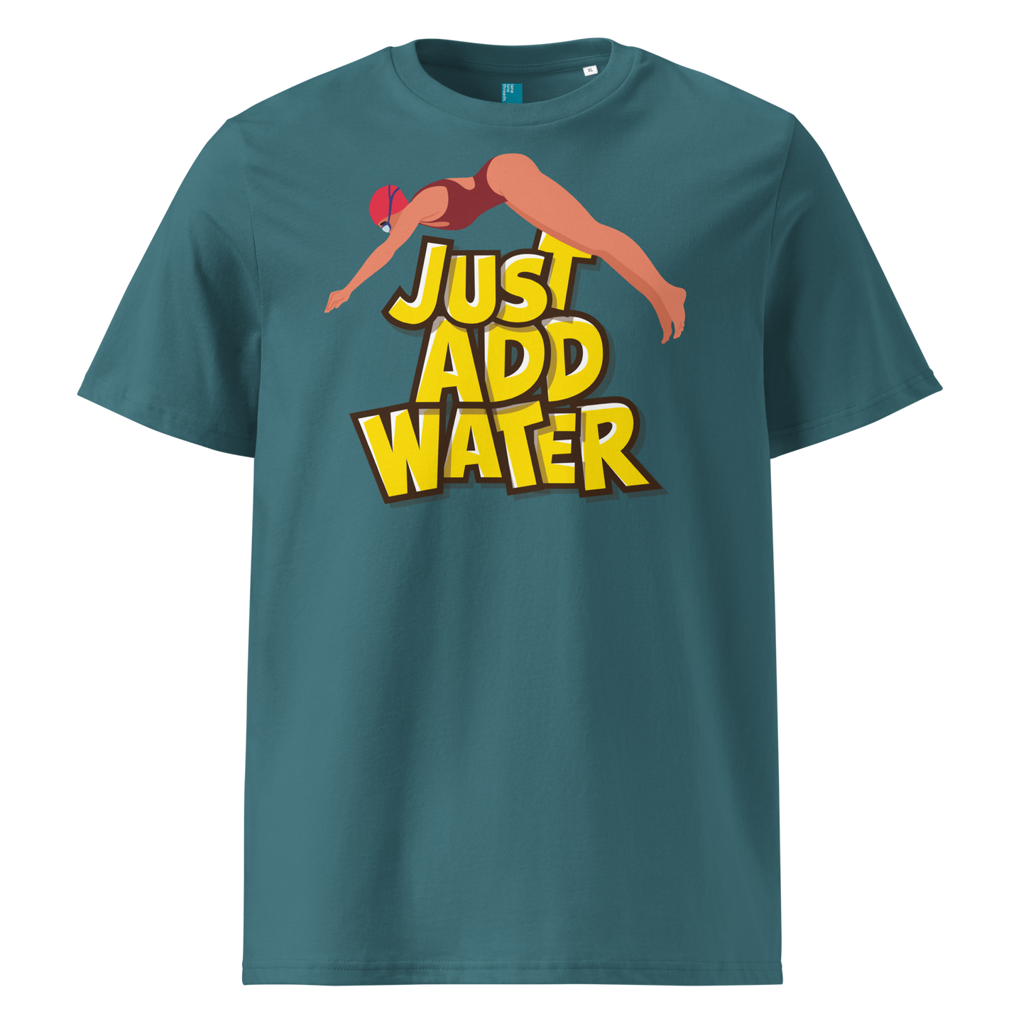 Teal organic swim shirt with “JUST ADD WATER” text and vintage dive graphic, made from 100% biodegradable cotton for eco-conscious swimmers.
