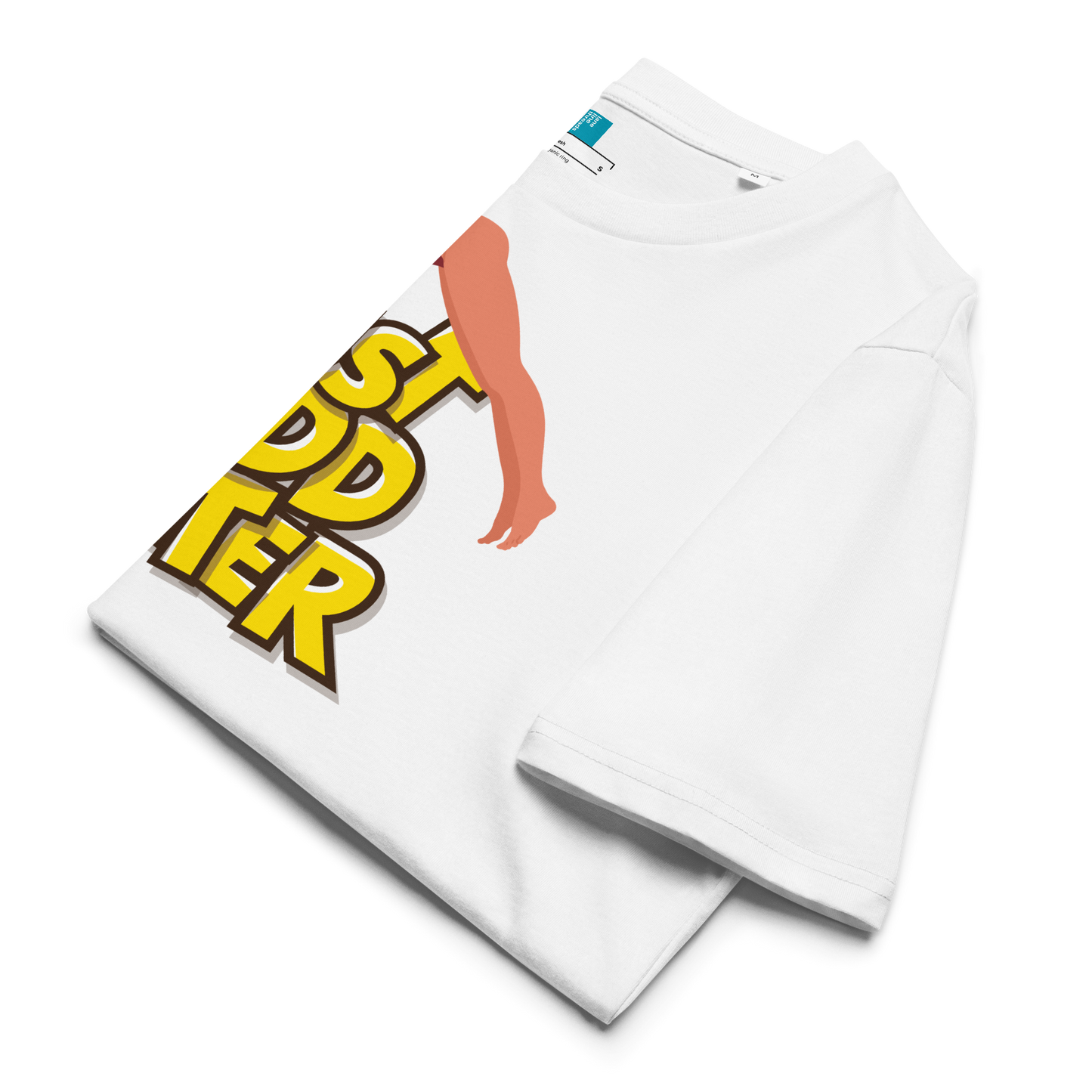 Folded white organic swim shirt with “JUST ADD WATER” text and vintage dive graphic, made from 100% biodegradable cotton for eco-conscious swimmers.