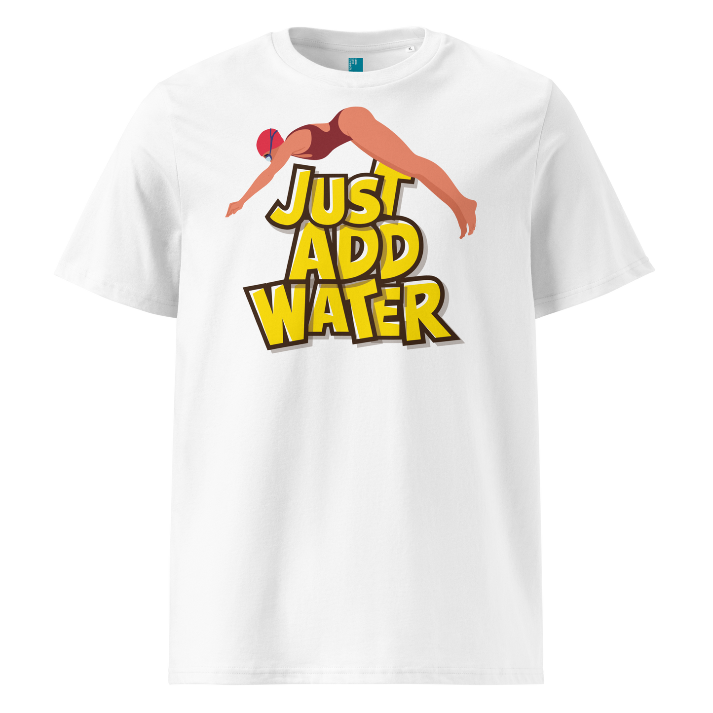 White organic swim shirt with “JUST ADD WATER” text and vintage dive graphic, made from 100% biodegradable cotton for eco-conscious swimmers.