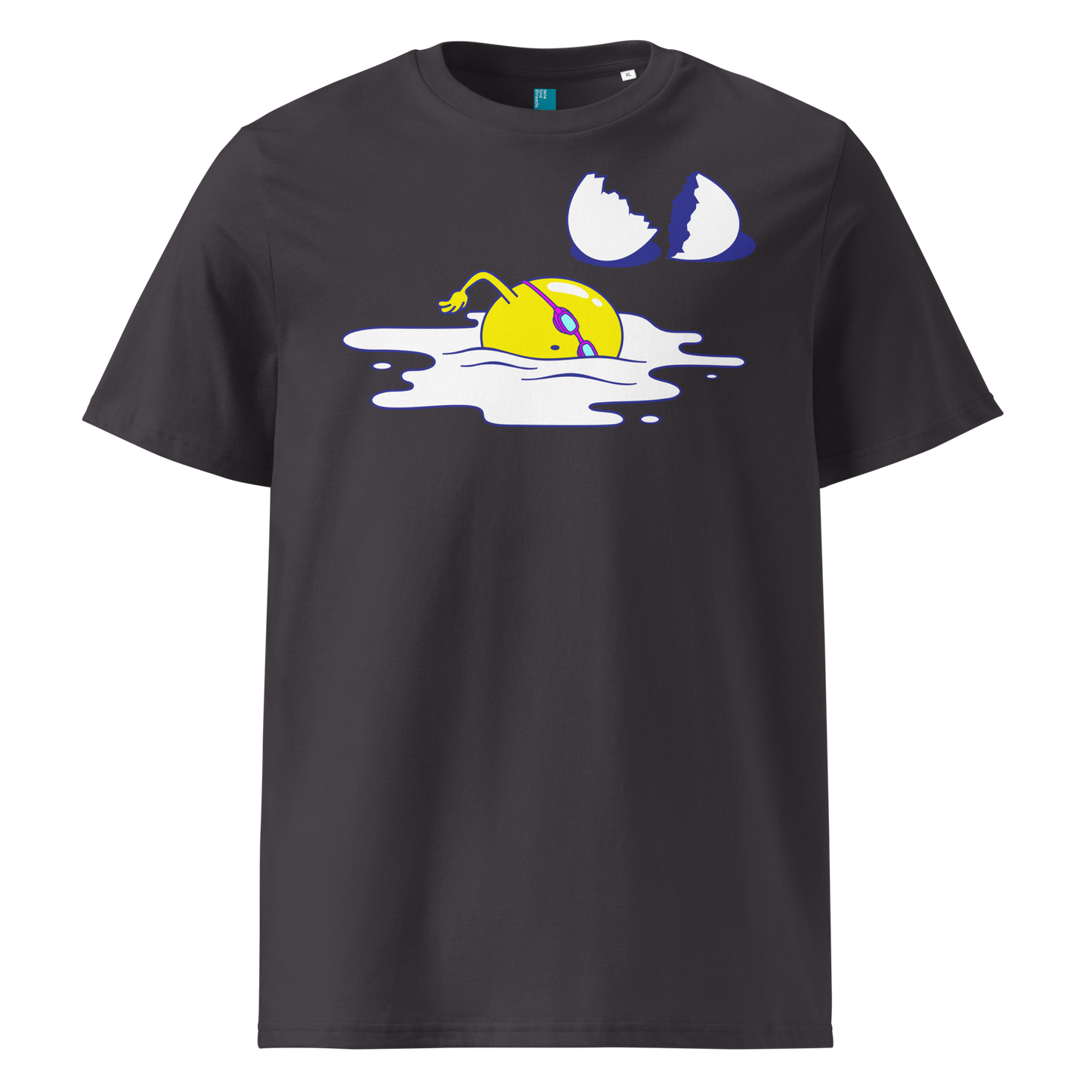 Charcoal organic swim shirt featuring a humorous egg swimmer graphic in goggles and cap, eco-friendly t-shirt for swimmers by Lane Line Threads.