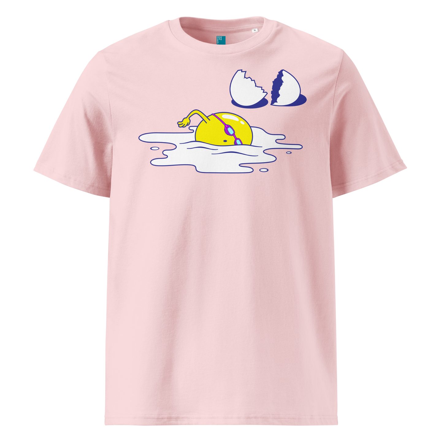 Pink organic swim shirt featuring a humorous egg swimmer graphic in goggles and cap, eco-friendly t-shirt for swimmers by Lane Line Threads.