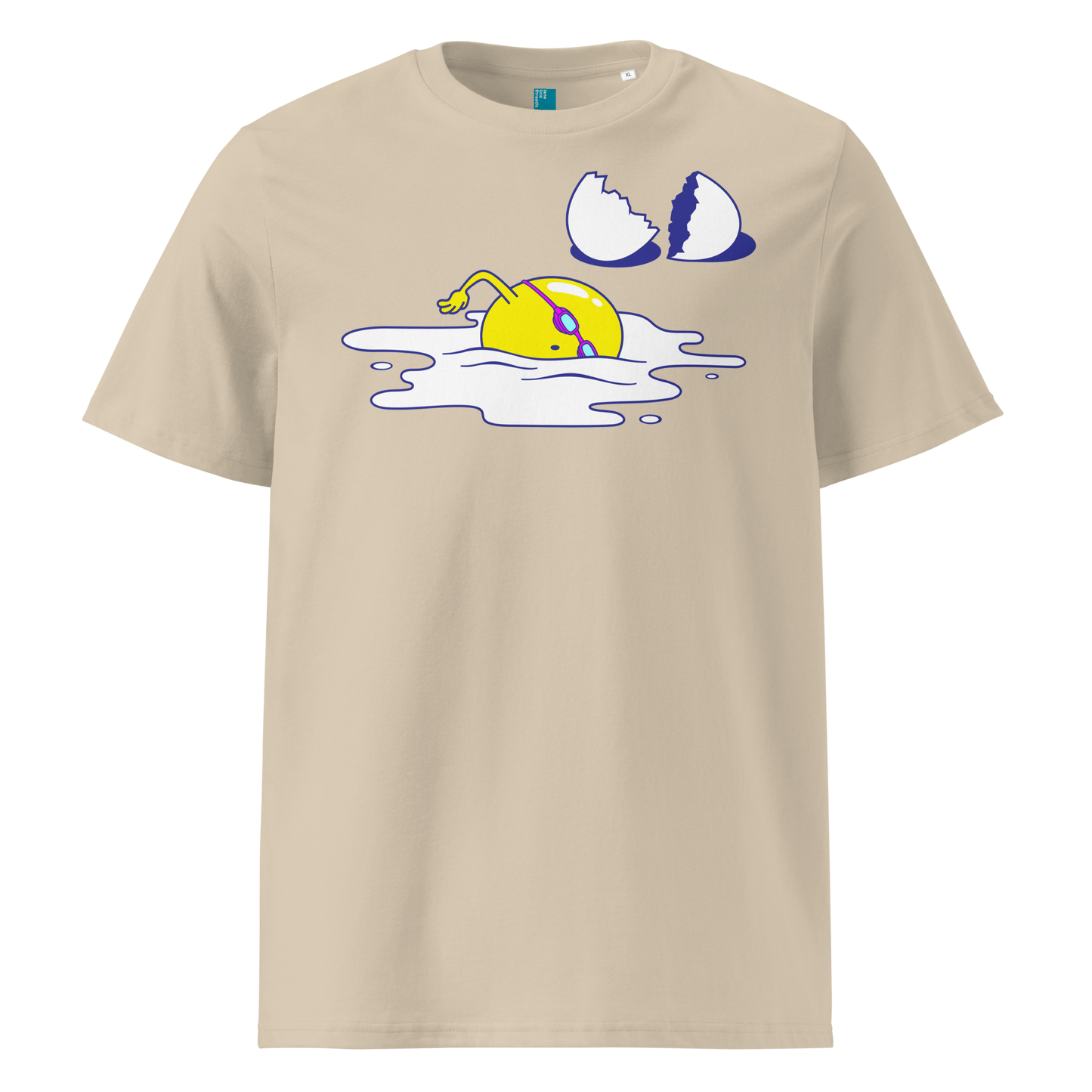 Beige organic swim shirt featuring a humorous egg swimmer graphic in goggles and cap, eco-friendly t-shirt for swimmers by Lane Line Threads.