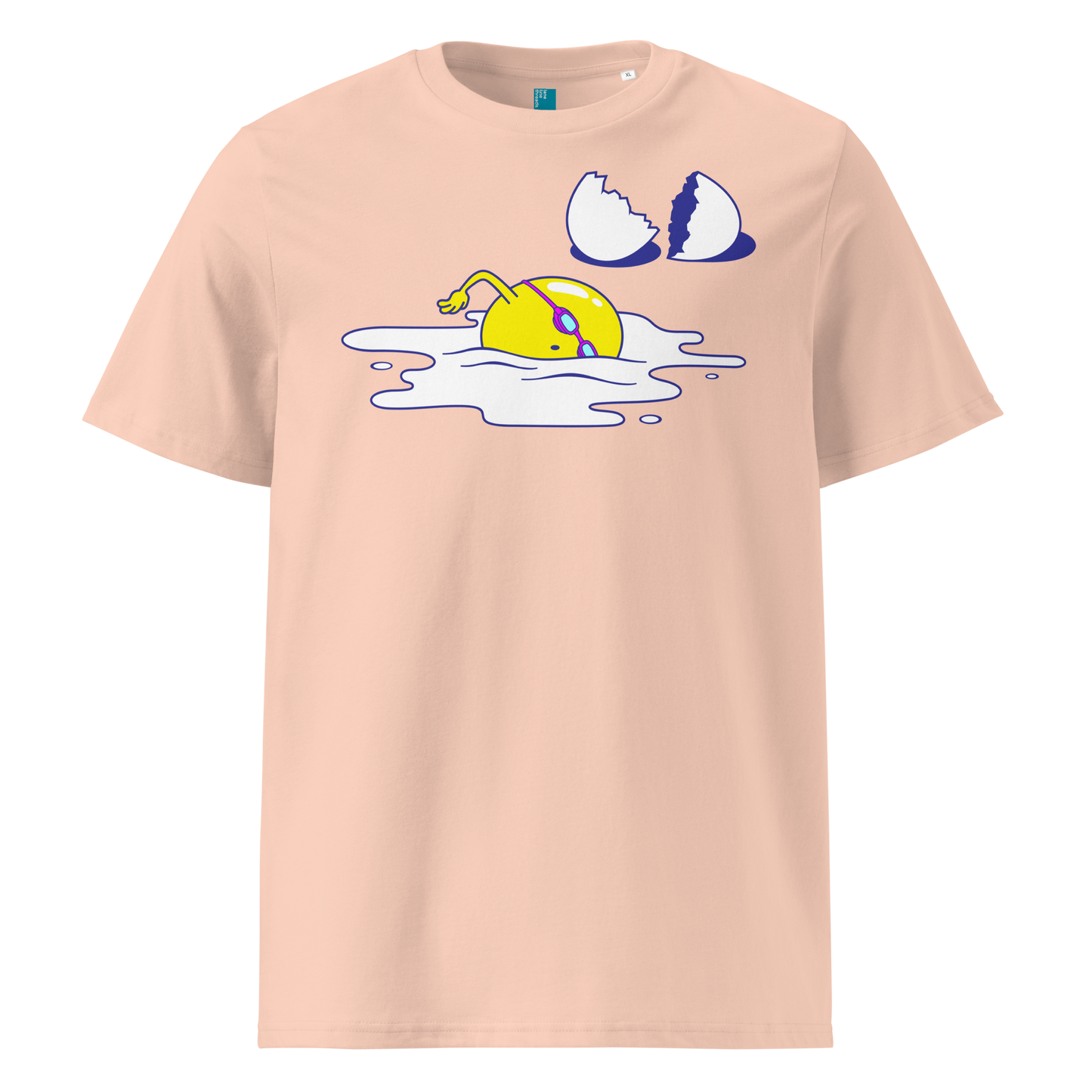 Peach organic swim shirt featuring a humorous egg swimmer graphic in goggles and cap, eco-friendly t-shirt for swimmers by Lane Line Threads.