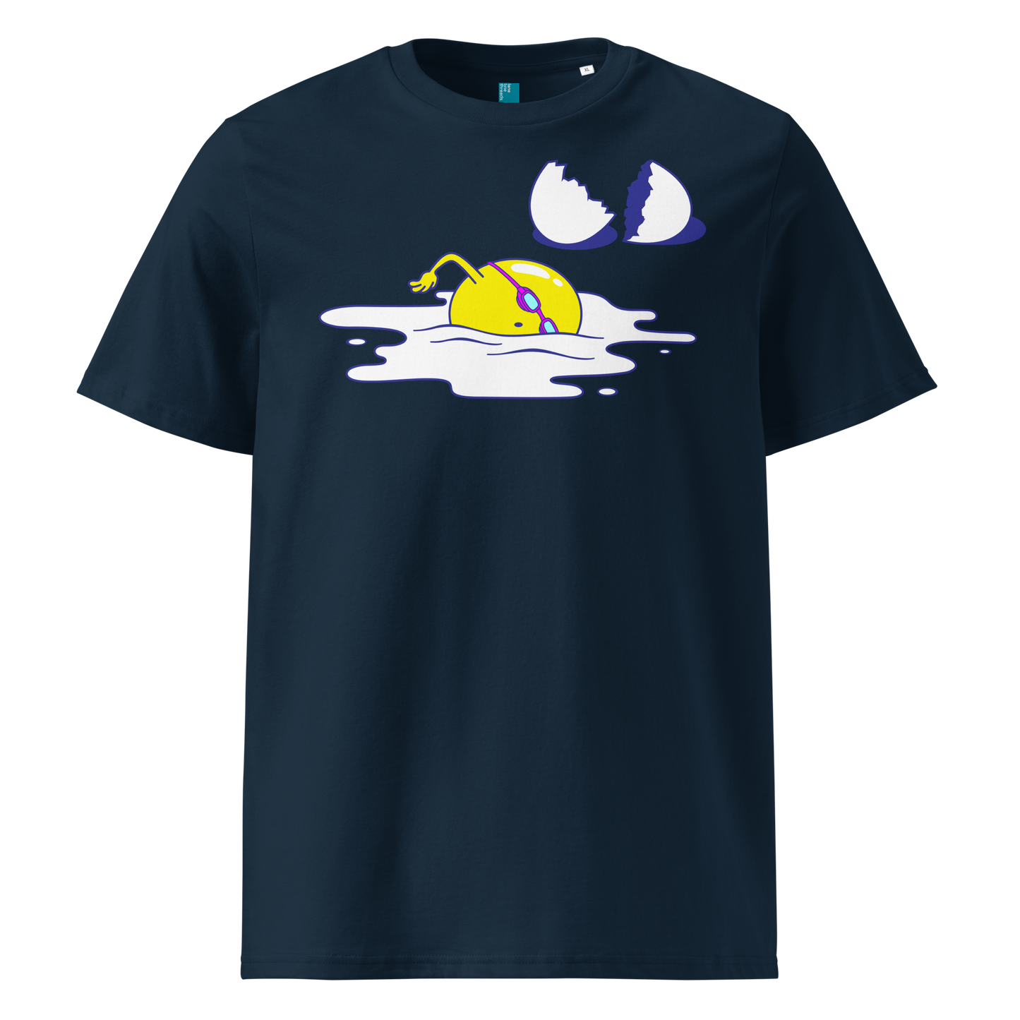 Navy organic swim shirt featuring a humorous egg swimmer graphic in goggles and cap, eco-friendly t-shirt for swimmers by Lane Line Threads.