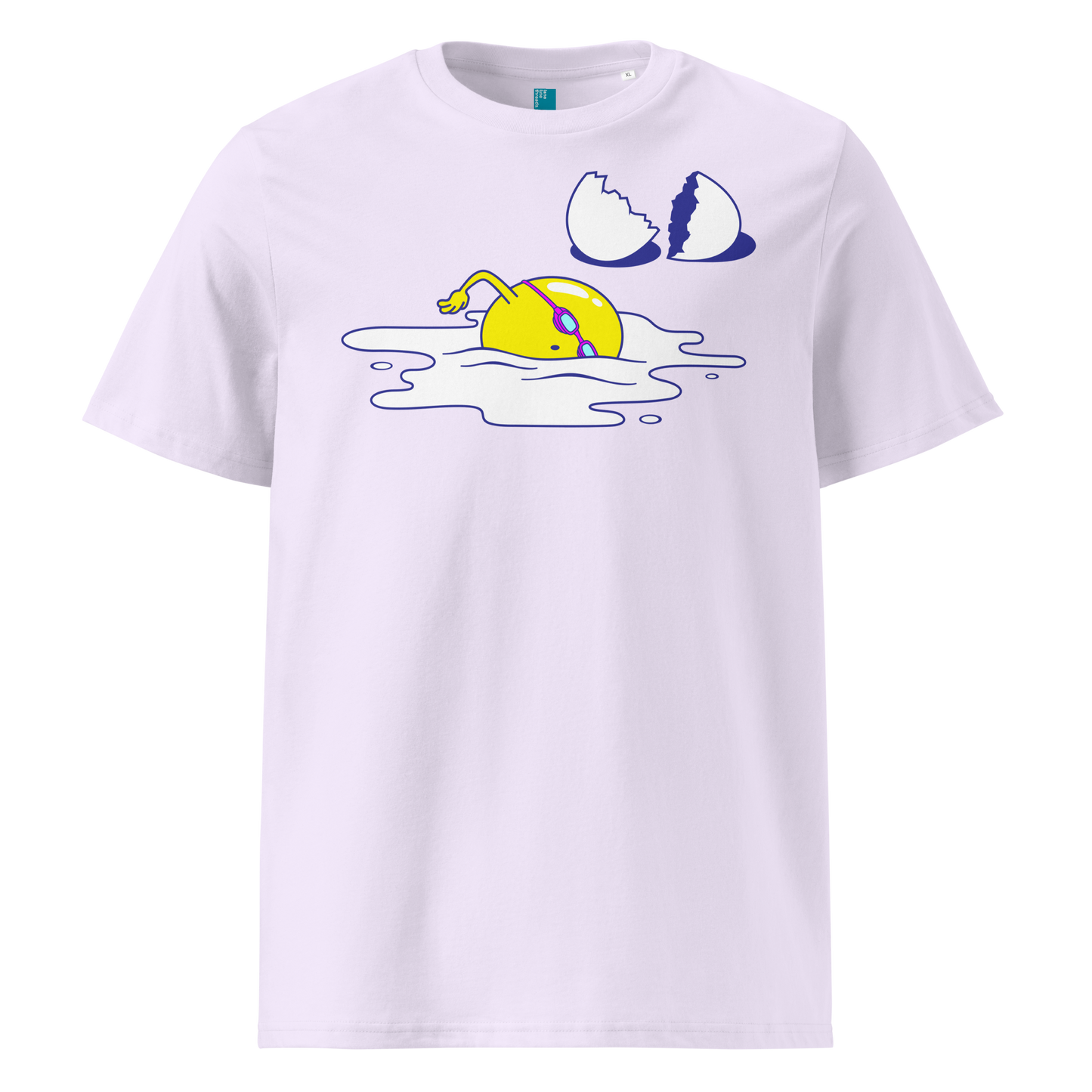 Lavender organic swim shirt featuring a humorous egg swimmer graphic in goggles and cap, eco-friendly t-shirt for swimmers by Lane Line Threads.