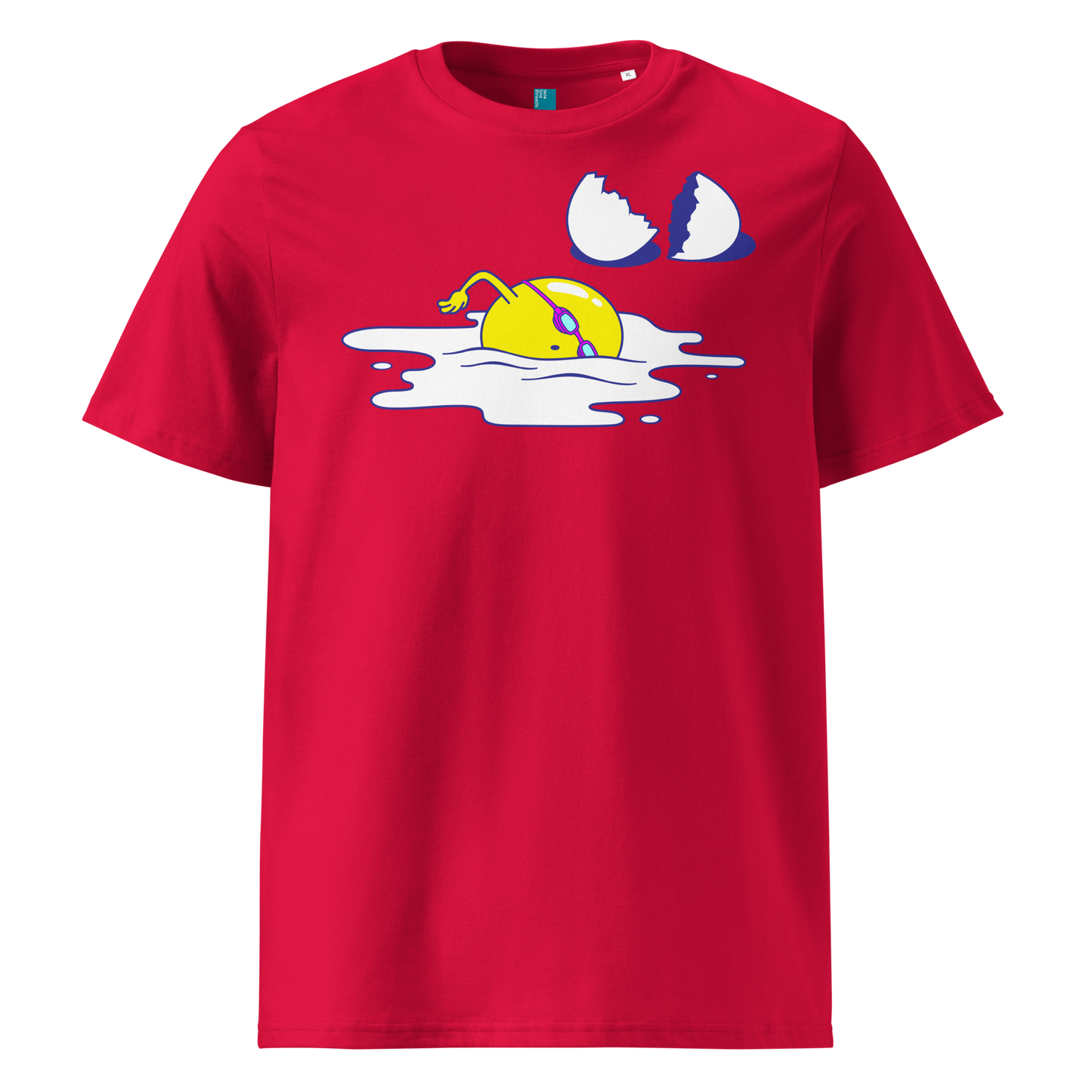 Red organic swim shirt featuring a humorous egg swimmer graphic in goggles and cap, eco-friendly t-shirt for swimmers by Lane Line Threads.