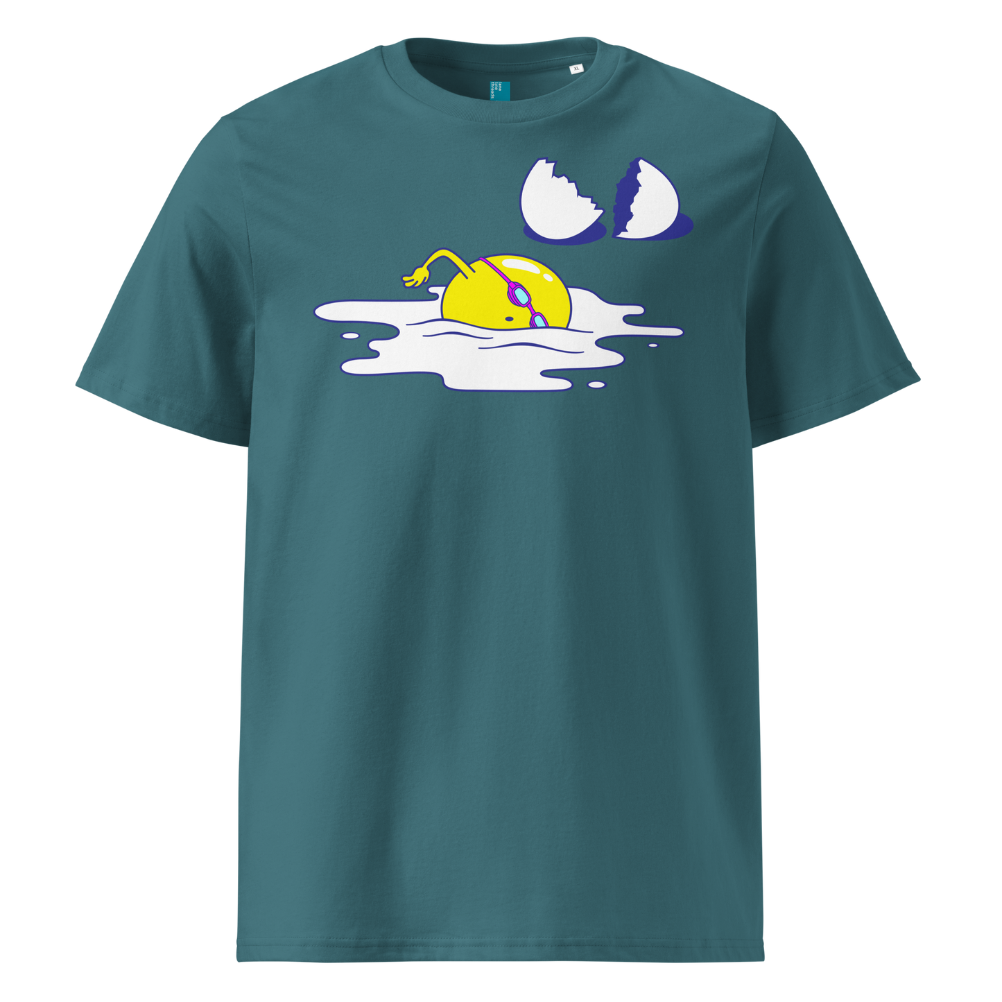 Teal organic swim shirt featuring a humorous egg swimmer graphic in goggles and cap, eco-friendly t-shirt for swimmers by Lane Line Threads.