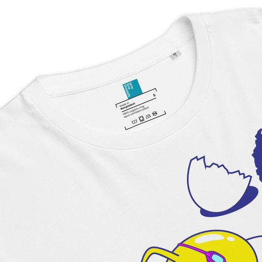 White organic swim shirt with colorful graphic design on a white background