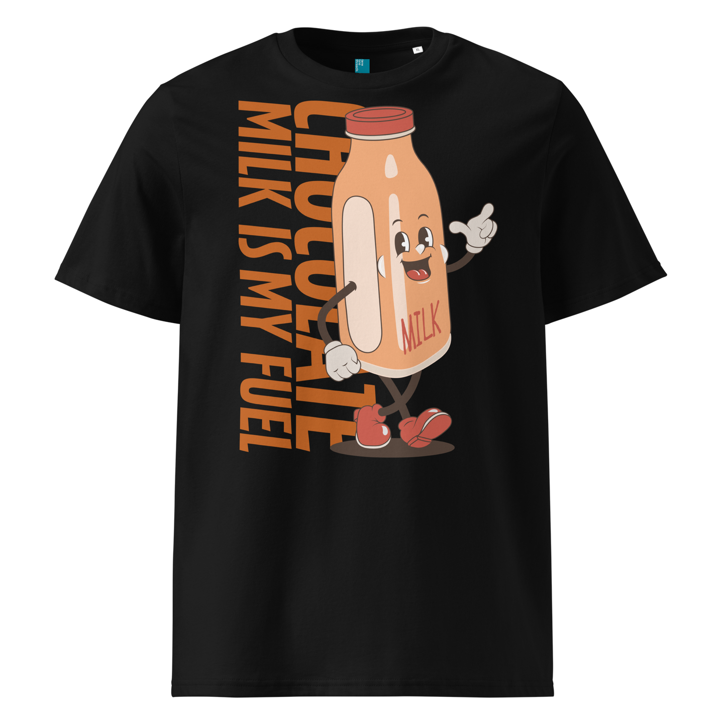 Black organic swim shirt with vintage cartoon chocolate milk bottle and bold text reading “Chocolate Milk Is My Fuel,” made from 100% biodegradable cotton by Lane Line Threads.