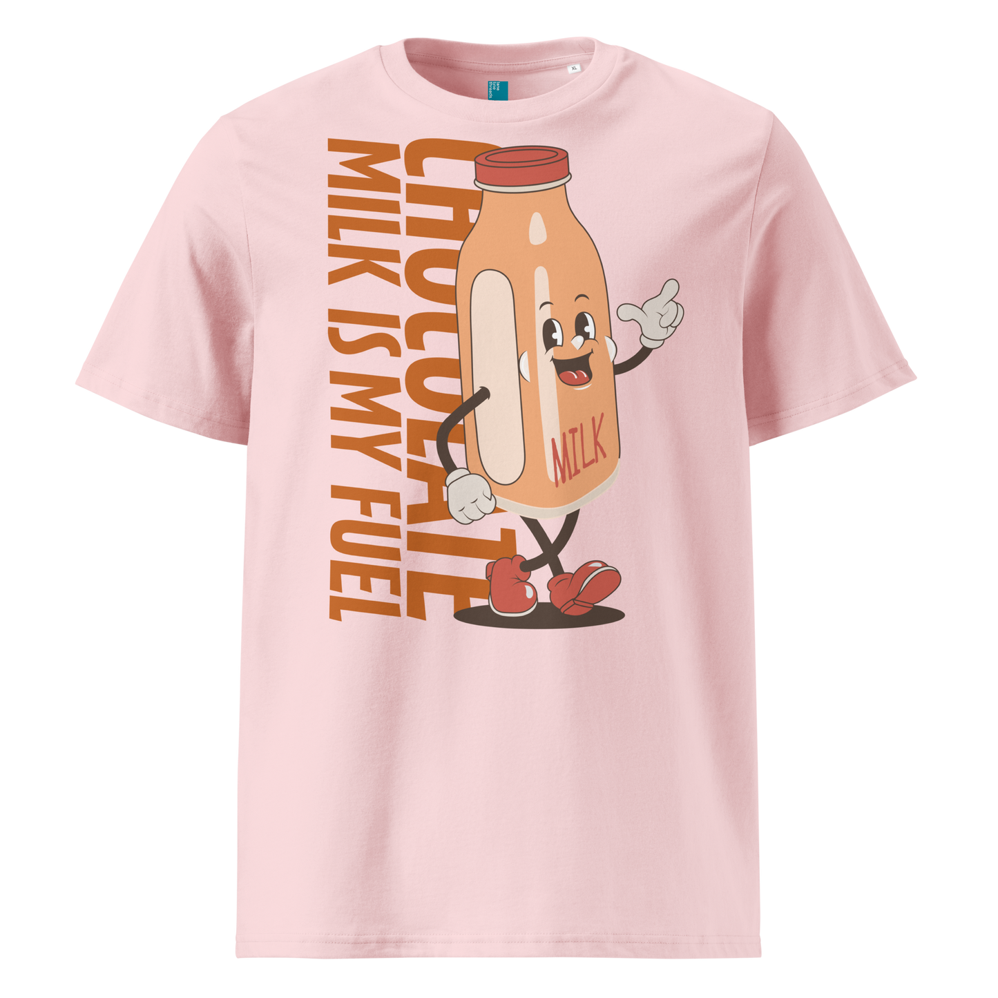 Pink organic swim shirt with vintage cartoon chocolate milk bottle and bold text reading “Chocolate Milk Is My Fuel,” made from 100% biodegradable cotton by Lane Line Threads.