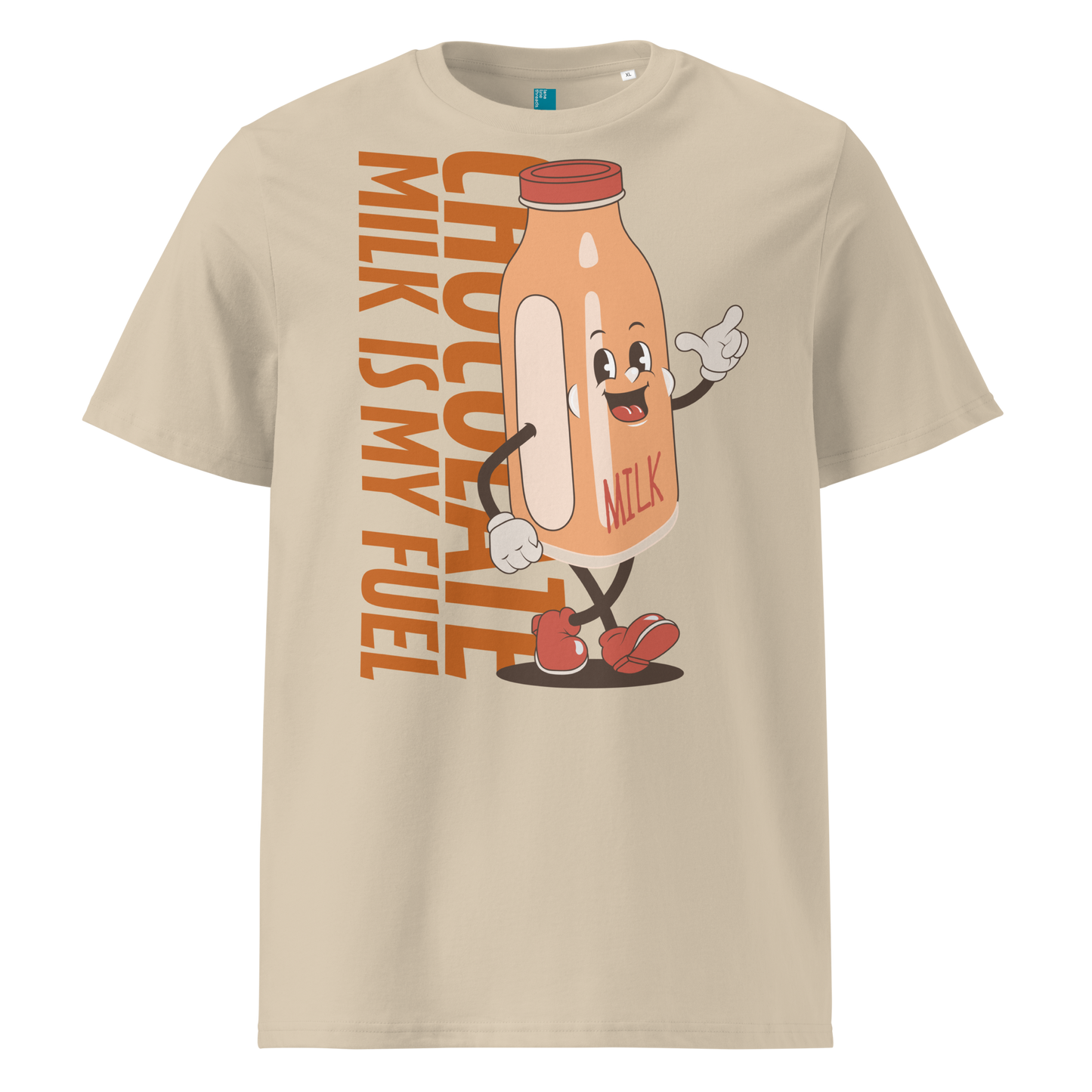 Beige organic swim shirt with vintage cartoon chocolate milk bottle and bold text reading “Chocolate Milk Is My Fuel,” made from 100% biodegradable cotton by Lane Line Threads.
