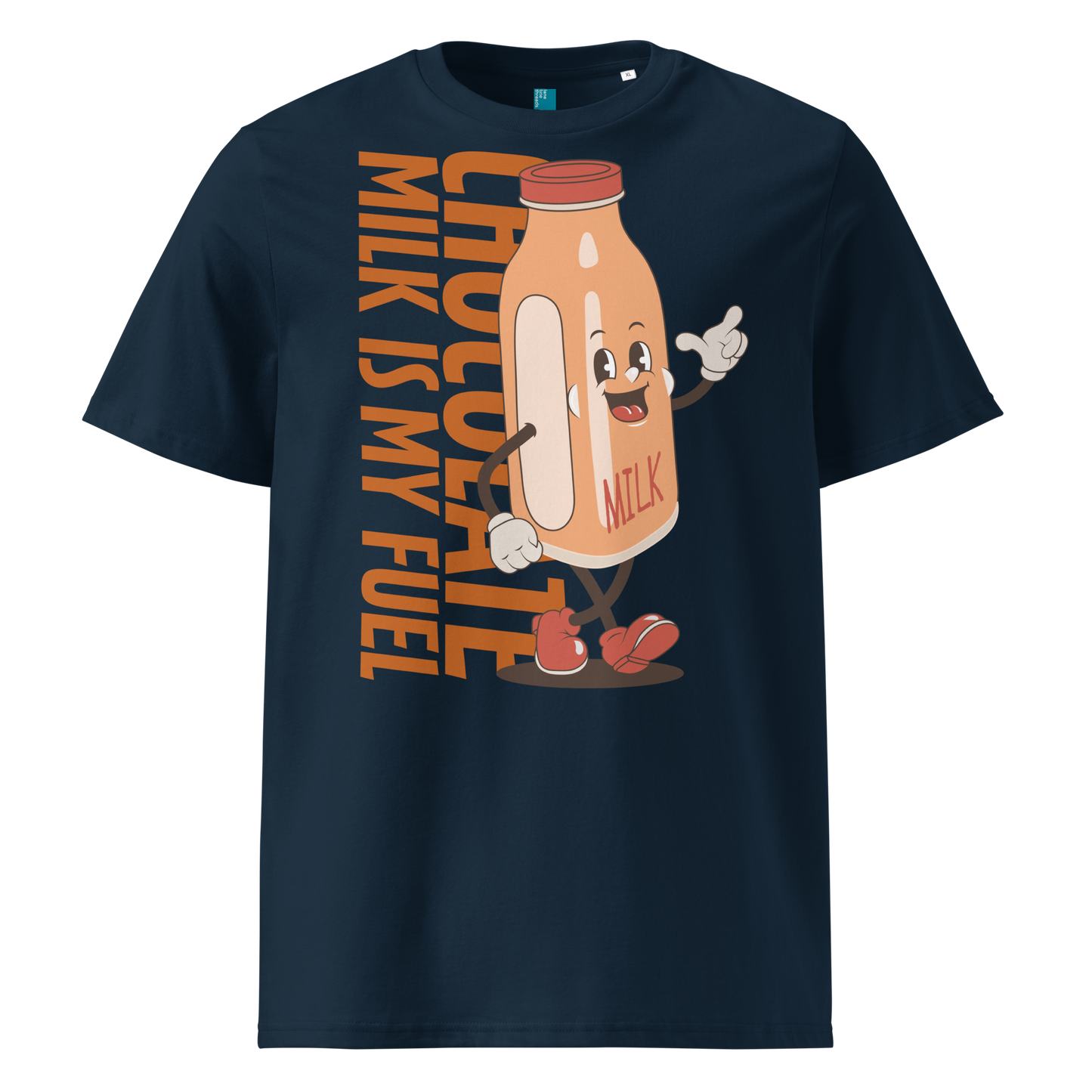 Navy organic swim shirt with vintage cartoon chocolate milk bottle and bold text reading “Chocolate Milk Is My Fuel,” made from 100% biodegradable cotton by Lane Line Threads.