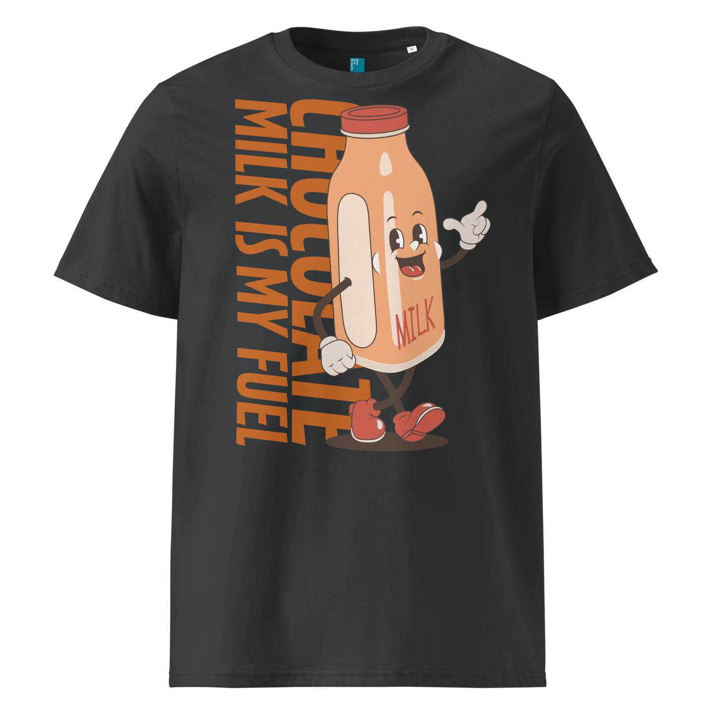 Grey organic swim shirt with vintage cartoon chocolate milk bottle and bold text reading “Chocolate Milk Is My Fuel,” made from 100% biodegradable cotton by Lane Line Threads.