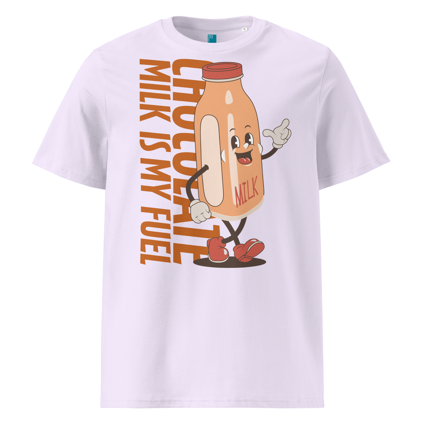 Lavender organic swim shirt with vintage cartoon chocolate milk bottle and bold text reading “Chocolate Milk Is My Fuel,” made from 100% biodegradable cotton by Lane Line Threads.