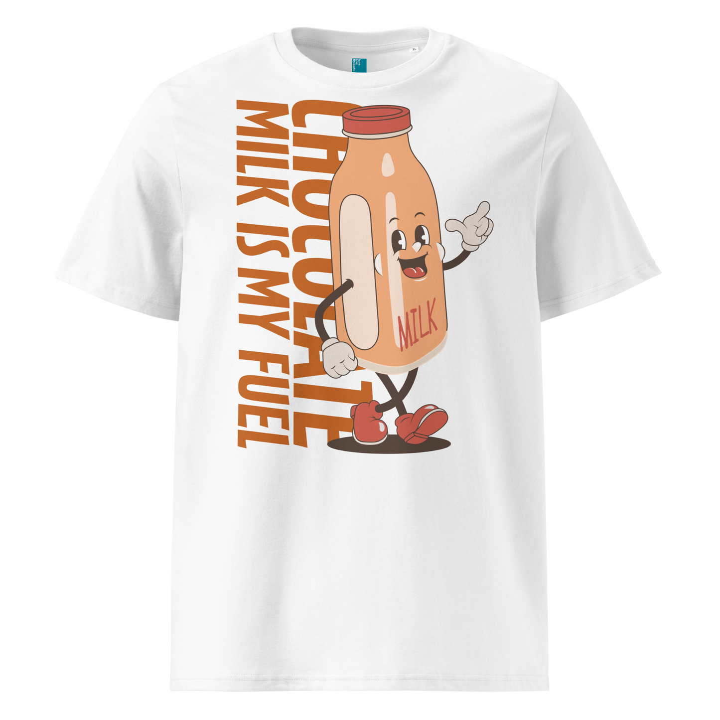 White organic swim shirt with vintage cartoon chocolate milk bottle and bold text reading “Chocolate Milk Is My Fuel,” made from 100% biodegradable cotton by Lane Line Threads.