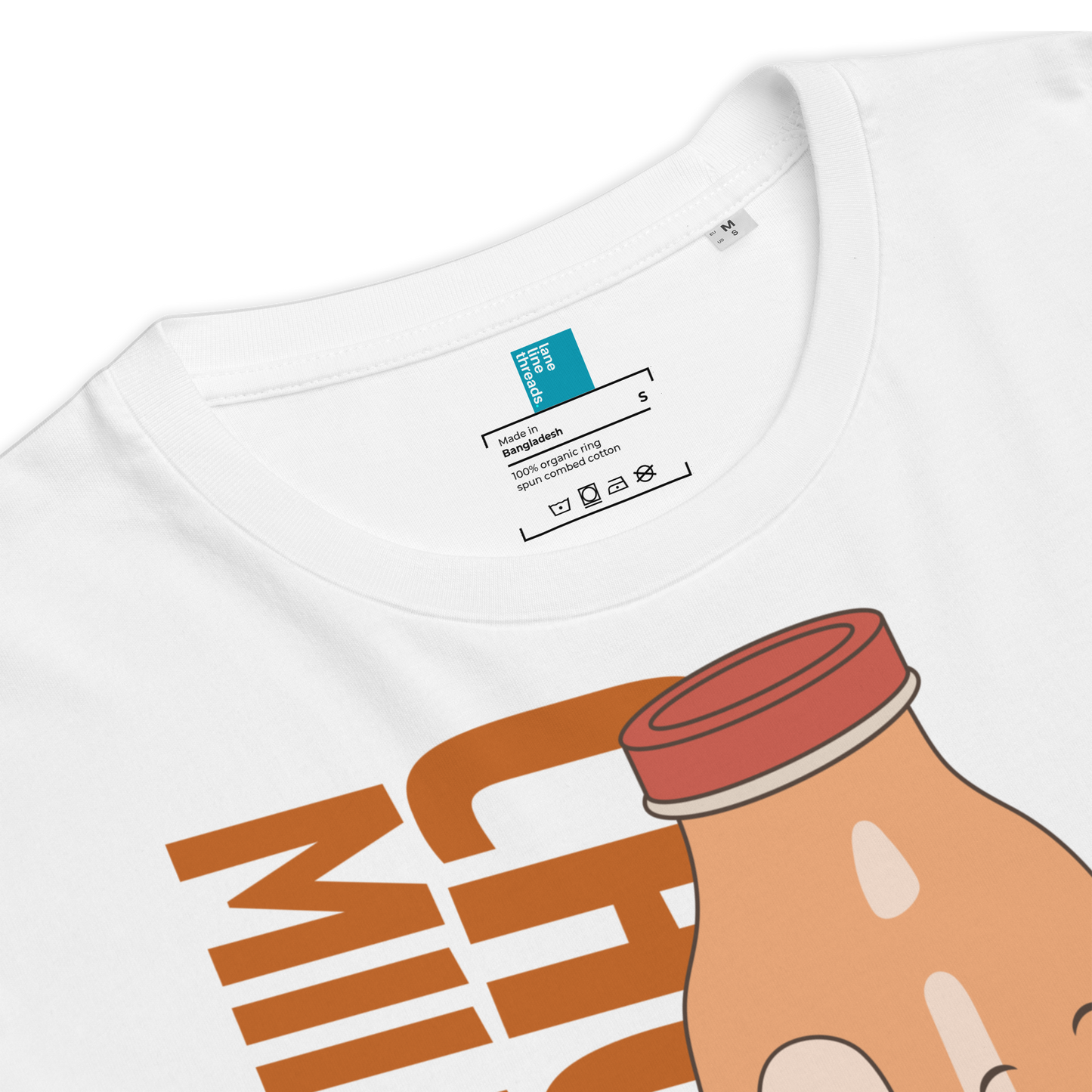 White organic swim shirt with a graphic design of a bottle and text, close-up view.