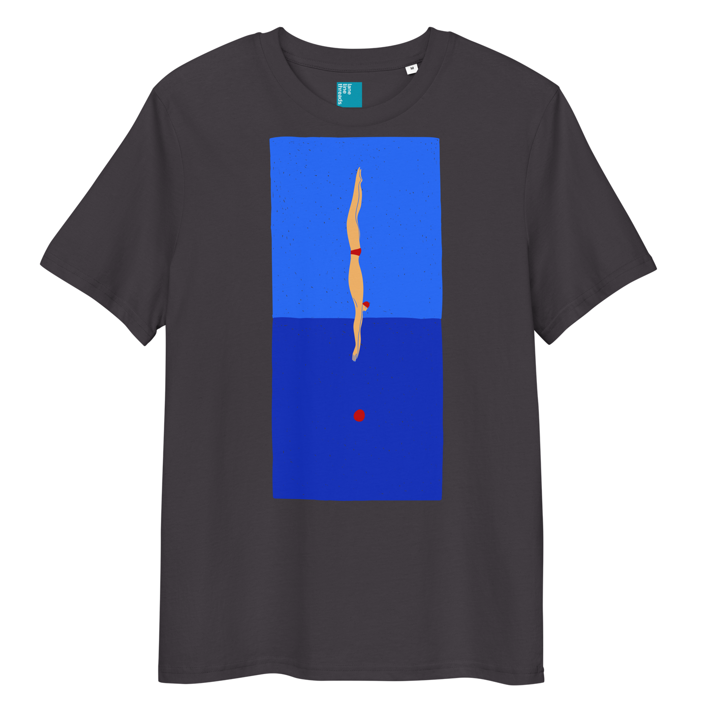 Anthracite organic swim shirt featuring a stylized illustration of a swimmer in a red swimsuit performing a perfect dive into dark blue water, with a red dot representing the splash.