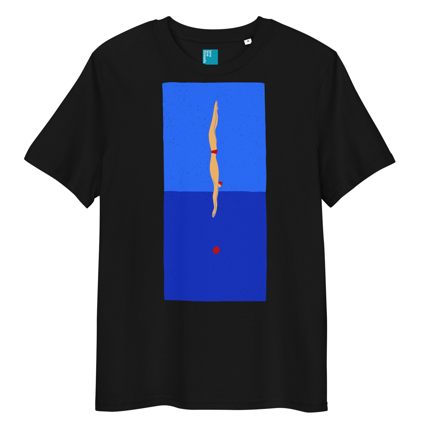 Black organic swim shirt featuring a stylized illustration of a swimmer in a red swimsuit performing a perfect dive into dark blue water, with a red dot representing the splash.