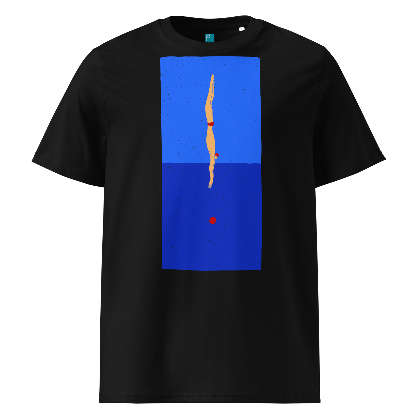 Black organic swim shirt with minimalist diver graphic over blue color‑block design, made from 100% biodegradable cotton for eco‑conscious swimmers.