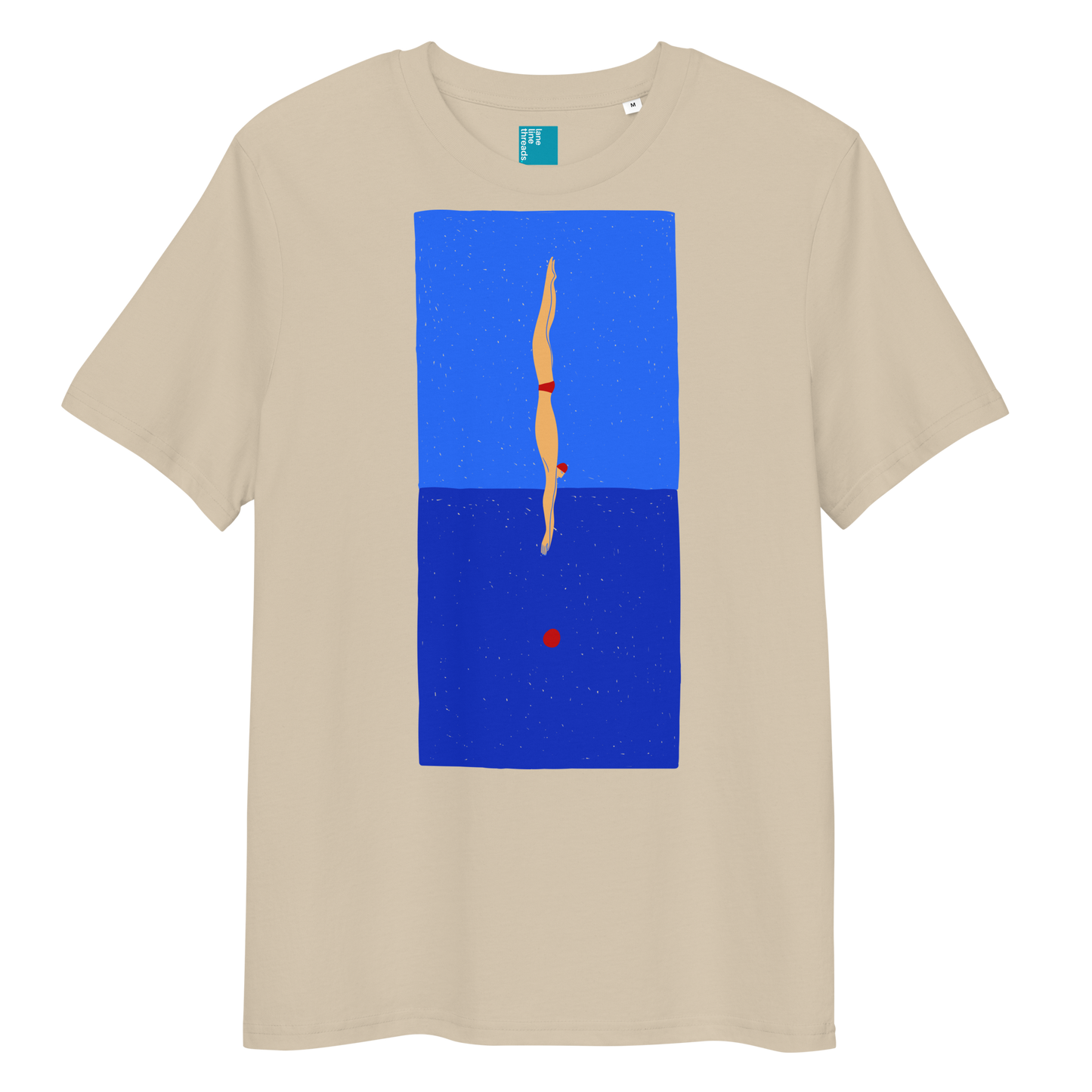 Beige organic swim shirt featuring a stylized illustration of a swimmer in a red swimsuit performing a perfect dive into dark blue water, with a red dot representing the splash.