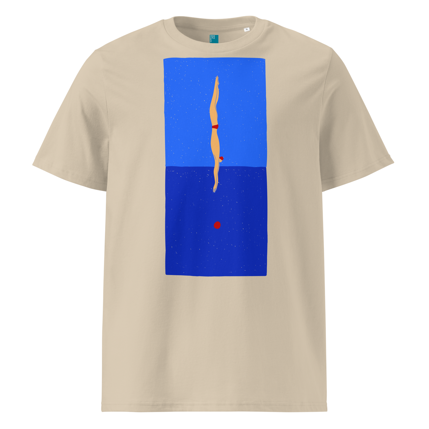 Beige organic swim shirt with minimalist diver graphic over blue color‑block design, made from 100% biodegradable cotton for eco‑conscious swimmers.