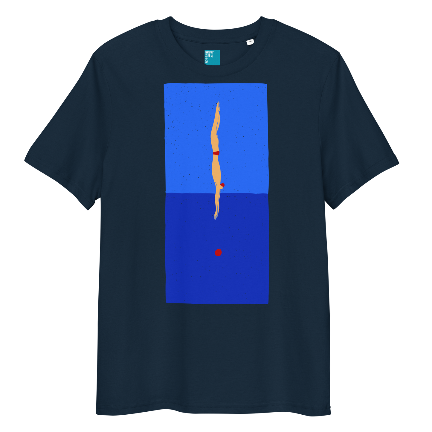 Navy organic swim shirt featuring a stylized illustration of a swimmer in a red swimsuit performing a perfect dive into dark blue water, with a red dot representing the splash.