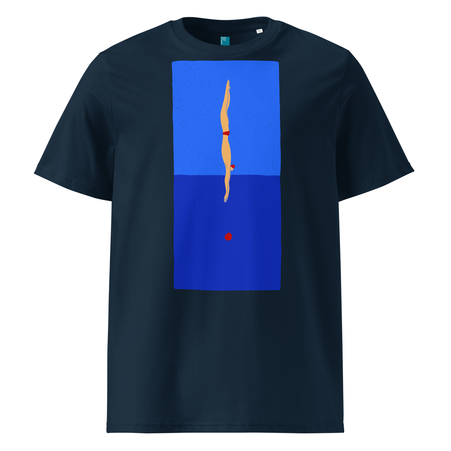 Navy organic swim shirt with minimalist diver graphic over blue color‑block design, made from 100% biodegradable cotton for eco‑conscious swimmers