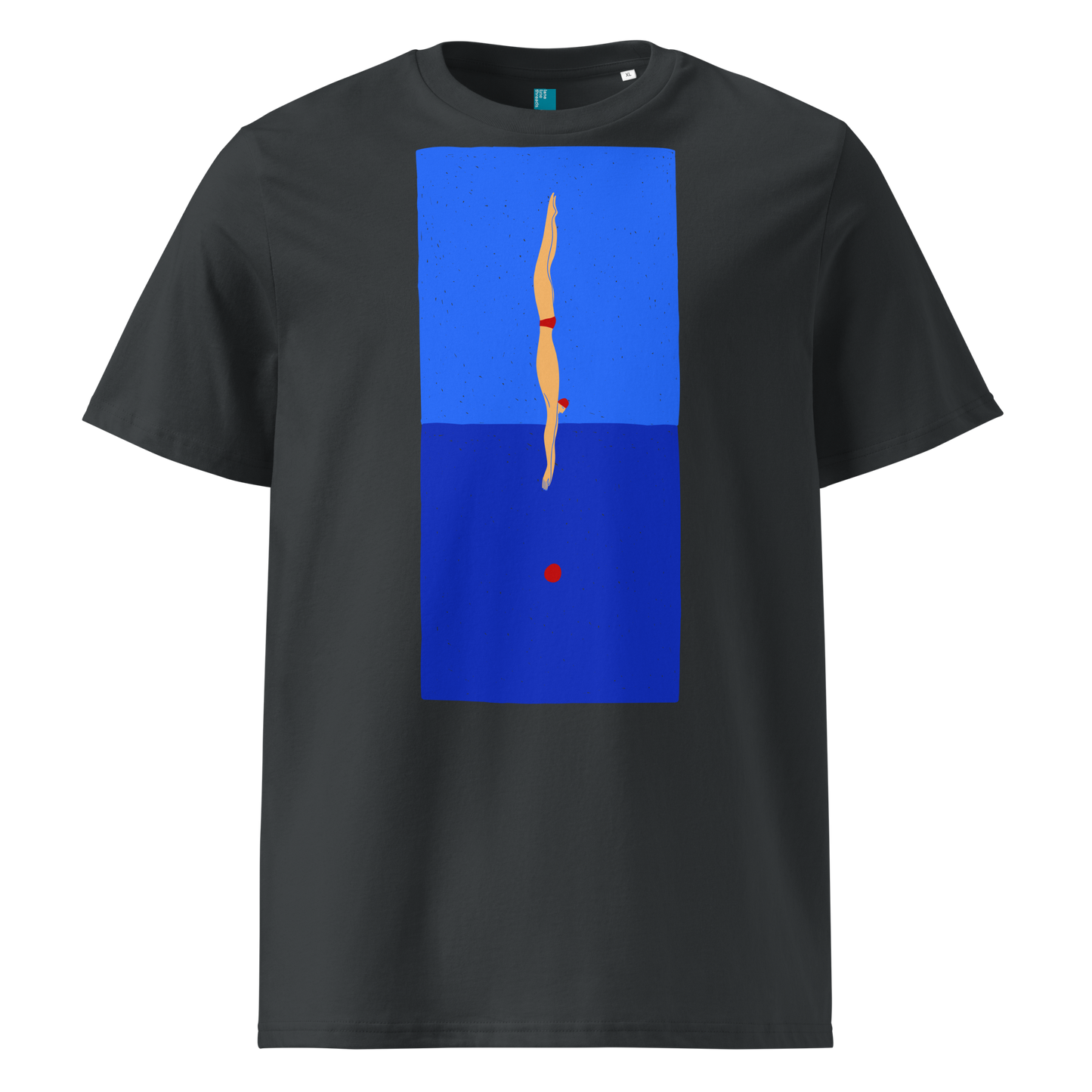 Grey organic swim shirt with minimalist diver graphic over blue color‑block design, made from 100% biodegradable cotton for eco‑conscious swimmers.
